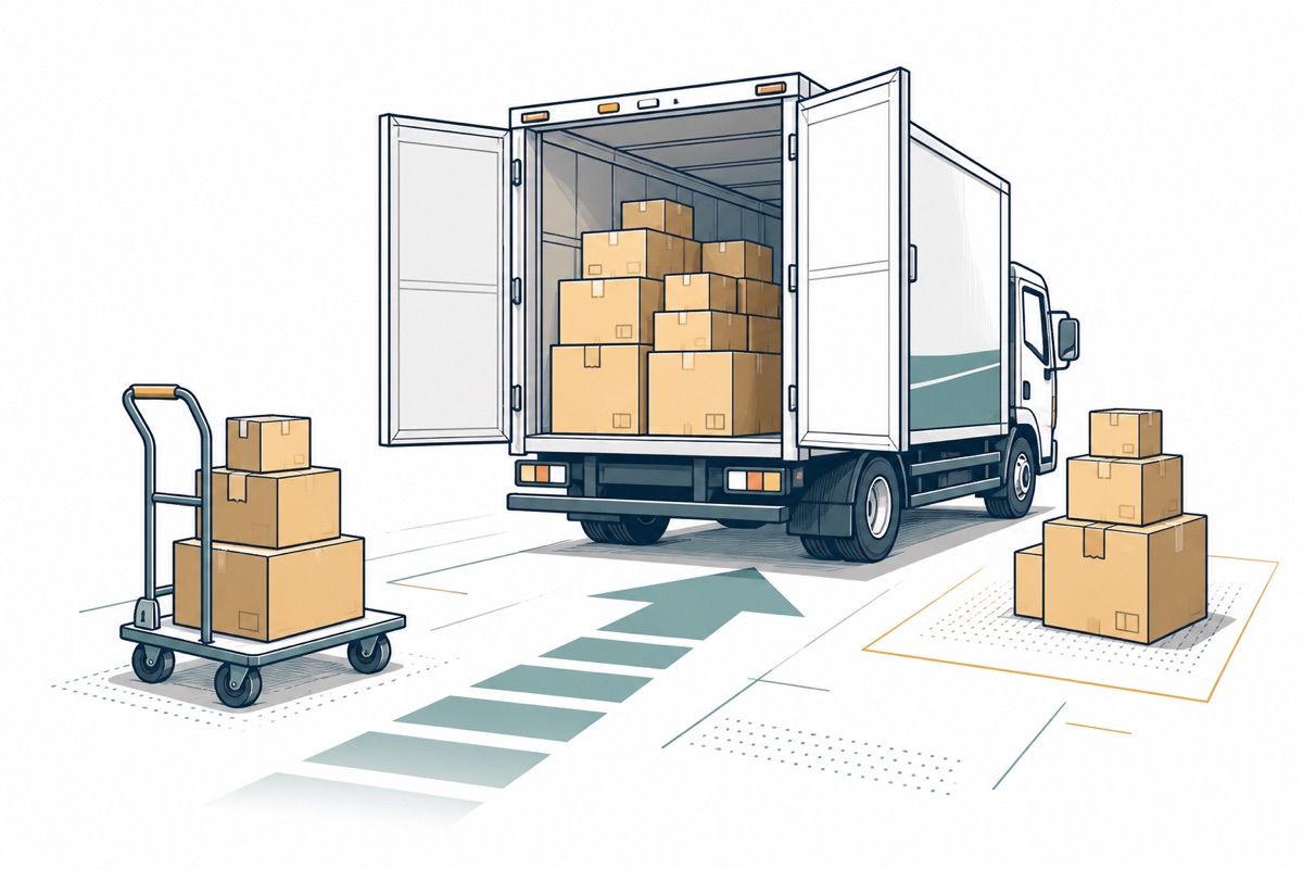 Original editorial illustration of a loading dock with boxes and a delivery truck
